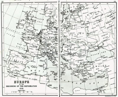 Europa in 1519, aan het begin van de Reformatie, uitgegeven door John Bartholomew and Co., Edinburgh door Scottish School